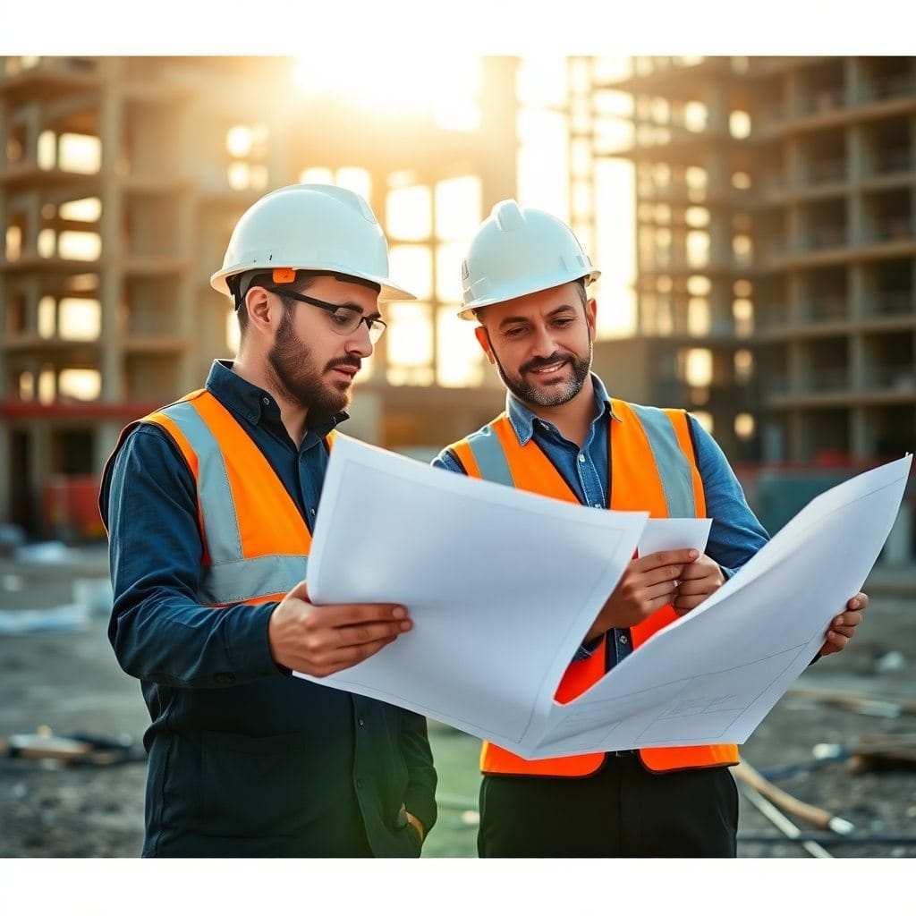Deux ingénieurs analysant des plans sur un site de construction