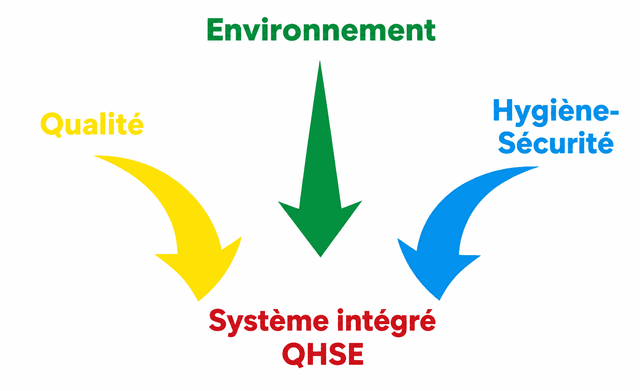 Schéma du Système intégré QHSE : Qualité, Environnement et Hygiène-Sécurité convergent vers un système unique